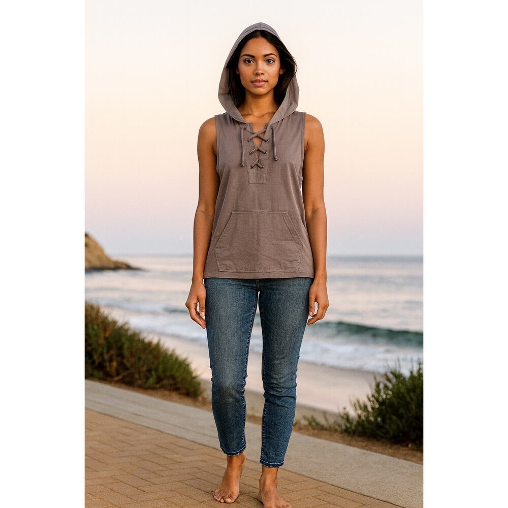 POL Sleeveless Lace Up Hoodie Tank Gray Boho Casual Pullover DWT143 Small